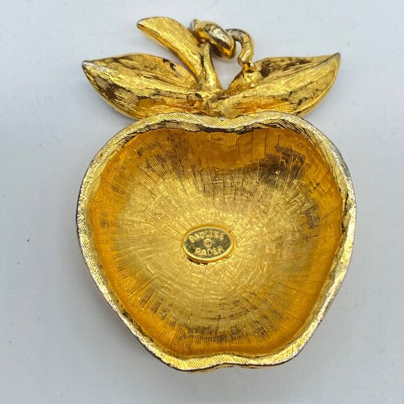Vtg Pauline Rader Signed Gold-Tone Apple Pendant Blue Enamel Leaves Statement - Picture 2 of 10